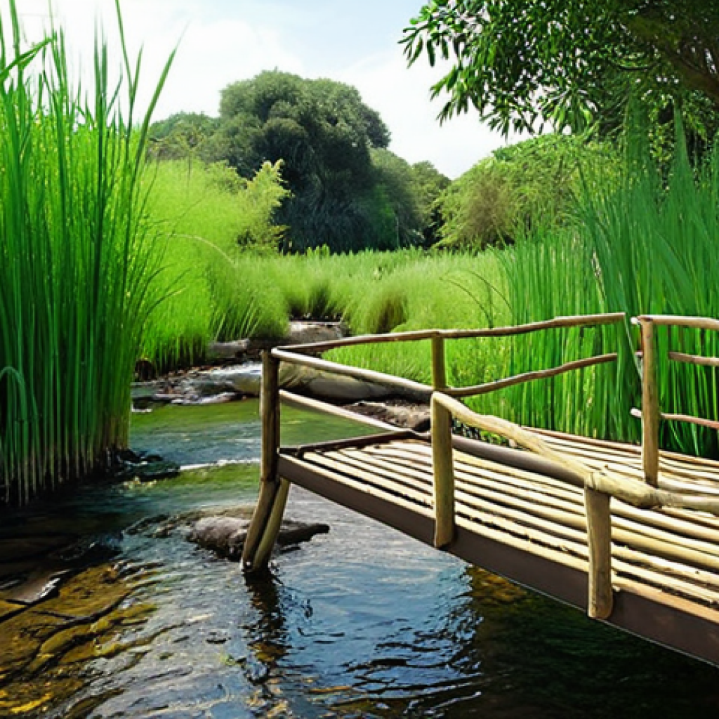 **

A lush, green reed bed filter, with water flowing through it. Focus on the vibrant colors of the reeds and the clarity of the water at the outflow. Include visible plant roots and a hint of the microorganisms' activity. Emphasize the natural beauty and tranquility of the scene, showcasing the effectiveness of phytofiltration. Perhaps show a small bridge or walkway to illustrate human interaction with the system. The scene should convey a sense of ecological harmony and sustainable water purification.

**