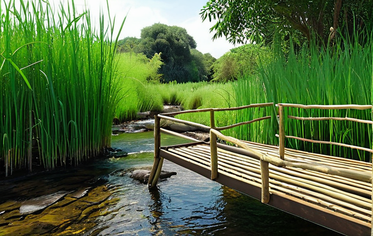 **

A lush, green reed bed filter, with water flowing through it. Focus on the vibrant colors of the reeds and the clarity of the water at the outflow. Include visible plant roots and a hint of the microorganisms' activity. Emphasize the natural beauty and tranquility of the scene, showcasing the effectiveness of phytofiltration. Perhaps show a small bridge or walkway to illustrate human interaction with the system. The scene should convey a sense of ecological harmony and sustainable water purification.

**