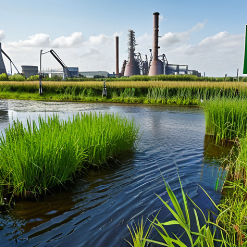 **

Lush reed bed landscape near an industrial area in the Netherlands, showcasing diverse birdlife and clean water flowing. Focus on the vibrant ecosystem and the contrast between nature and industry. Include signage about water purification and biodiversity.

**