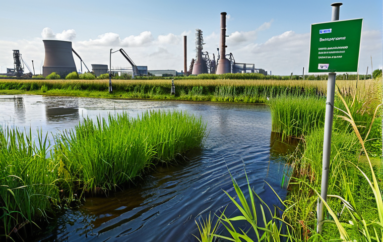 **

Lush reed bed landscape near an industrial area in the Netherlands, showcasing diverse birdlife and clean water flowing. Focus on the vibrant ecosystem and the contrast between nature and industry. Include signage about water purification and biodiversity.

**